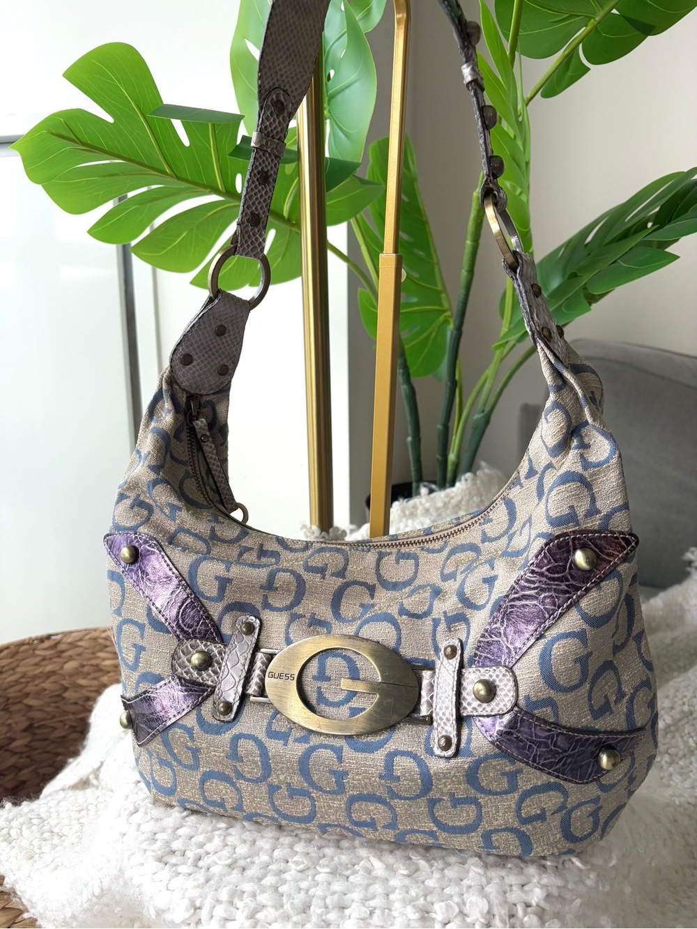 Vintage Y2K GUESS Blue Purple Monogram Hobo Bag Big G Buckle McBling 2000s Glam